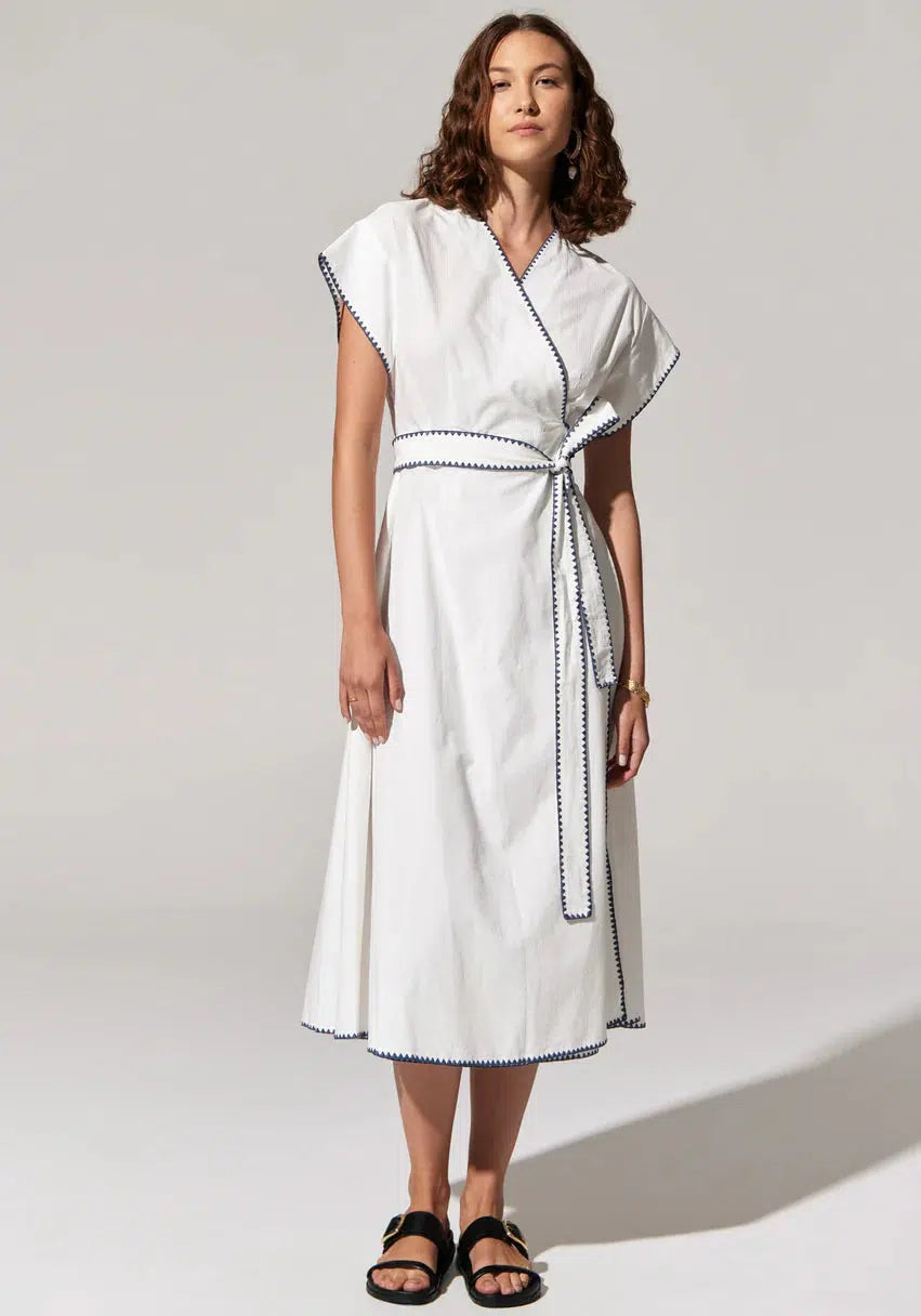 Ava Wrap Dress - White/Blue-POL Clothing-Lima & Co