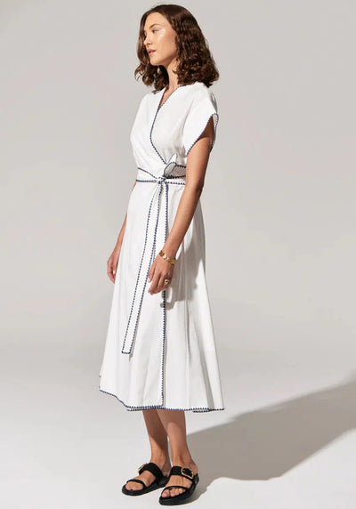 Ava Wrap Dress - White/Blue-POL Clothing-Lima & Co