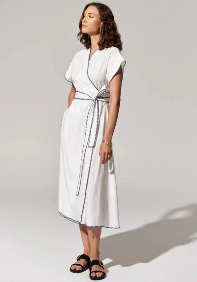 Ava Wrap Dress - White/Blue-POL Clothing-Lima & Co