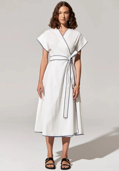 Ava Wrap Dress - White/Blue-POL Clothing-Lima & Co