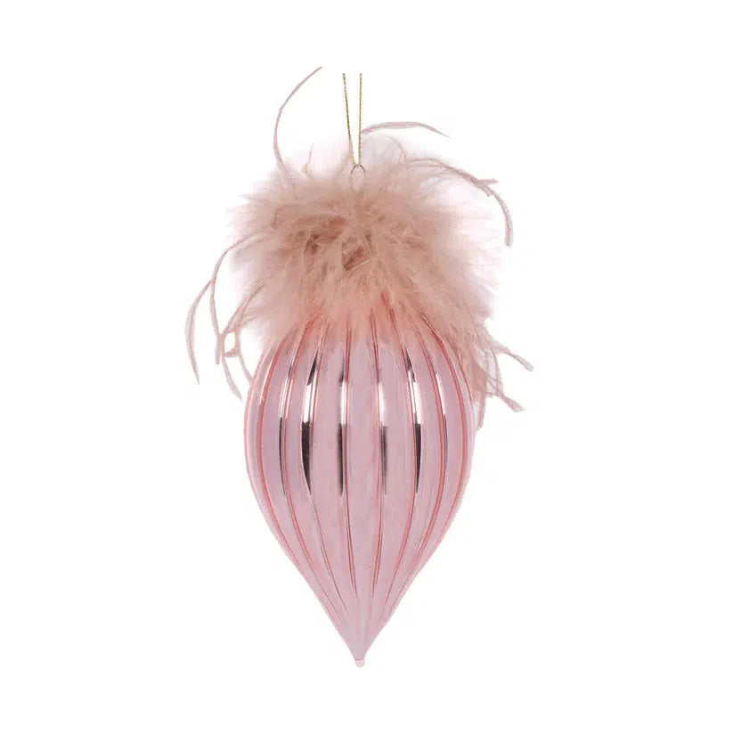 Feather Topped Blush Drop Bauble-Holly and Ivy-Lima & Co