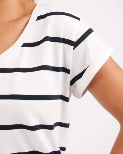 Manly Striped Vee Tee - White-Foxwood-Lima & Co