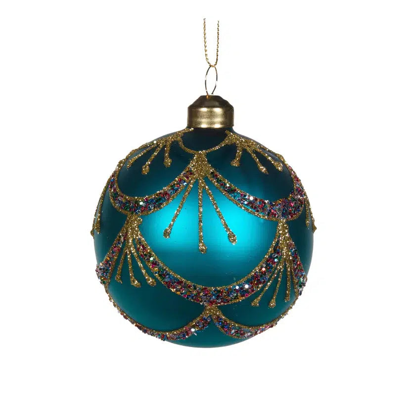 Matte Blue Piped Bauble-Holly and Ivy-Lima & Co