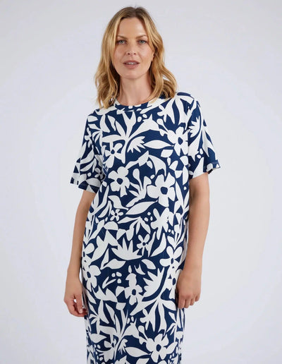 Stencil Floral Tee Dress - Blue-Elm Lifestyle-Lima & Co